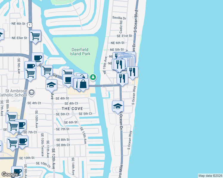 map of restaurants, bars, coffee shops, grocery stores, and more near 102 Southeast 19th Avenue in Deerfield Beach