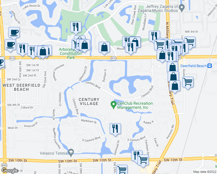 map of restaurants, bars, coffee shops, grocery stores, and more near 2016 Durham A in Deerfield Beach