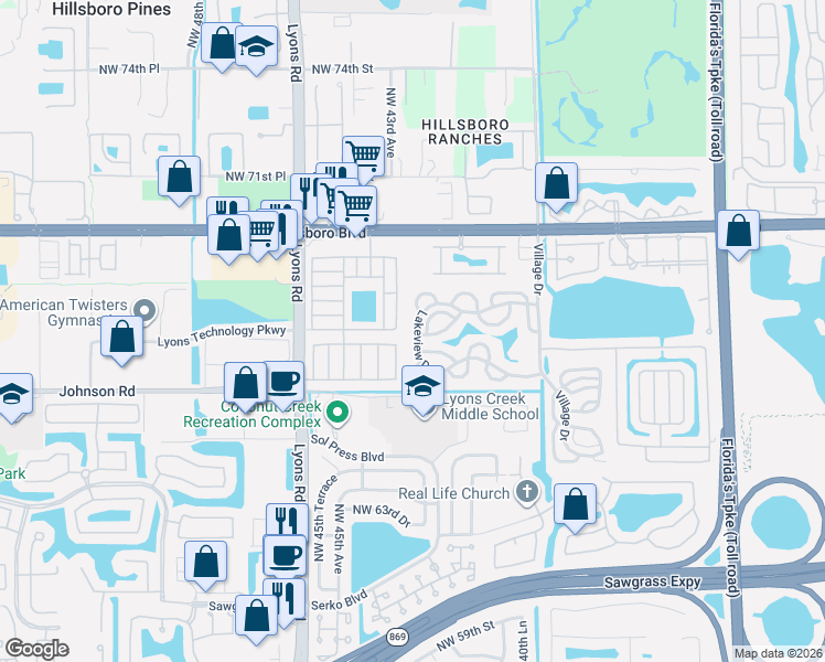 map of restaurants, bars, coffee shops, grocery stores, and more near 6810 Northwest 43rd Avenue in Coconut Creek