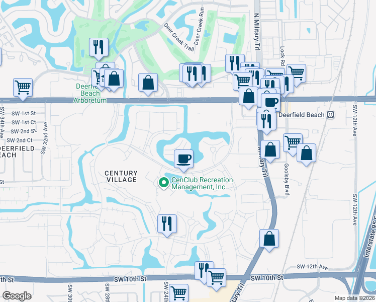 map of restaurants, bars, coffee shops, grocery stores, and more near 2114 Cambridge East in Deerfield Beach