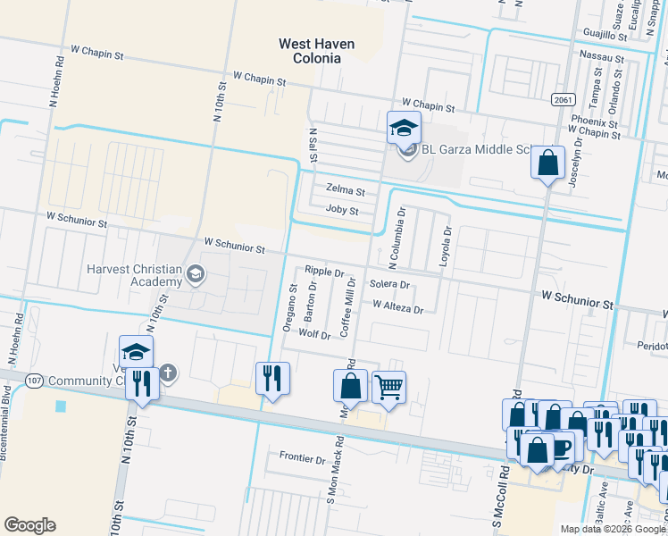 map of restaurants, bars, coffee shops, grocery stores, and more near 3705 West Schunior Street in Edinburg