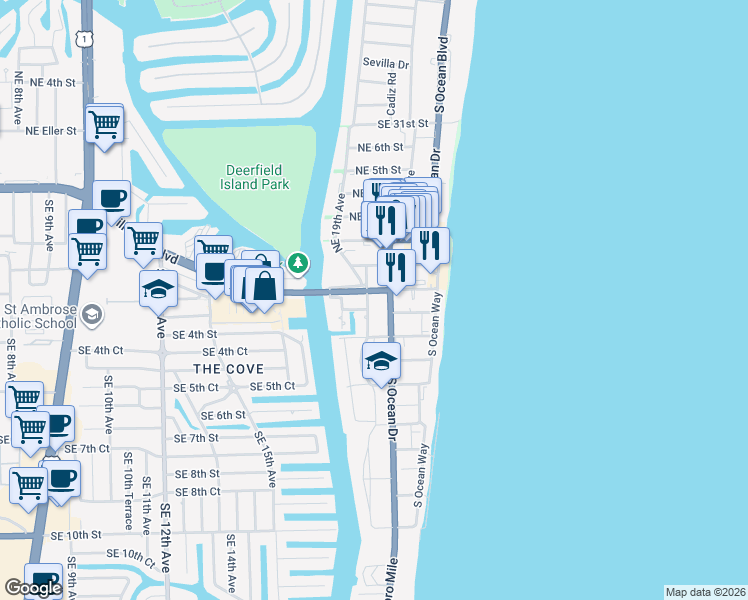 map of restaurants, bars, coffee shops, grocery stores, and more near 40 Southeast 19th Avenue in Deerfield Beach