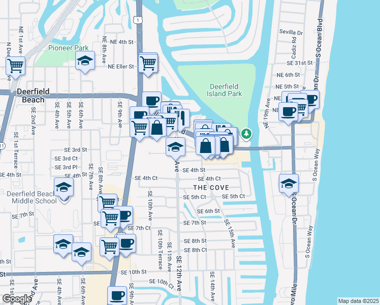 map of restaurants, bars, coffee shops, grocery stores, and more near 1351 Southeast 3rd Street in Deerfield Beach
