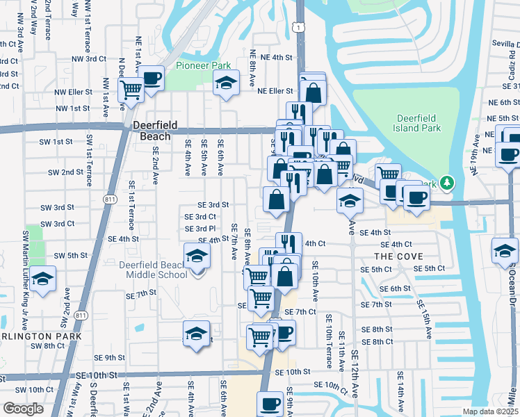 map of restaurants, bars, coffee shops, grocery stores, and more near 298 Southeast 8th Avenue in Deerfield Beach