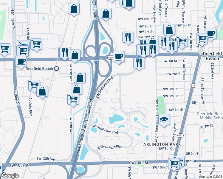 map of restaurants, bars, coffee shops, grocery stores, and more near 2824 Southwest Natura Boulevard in Deerfield Beach