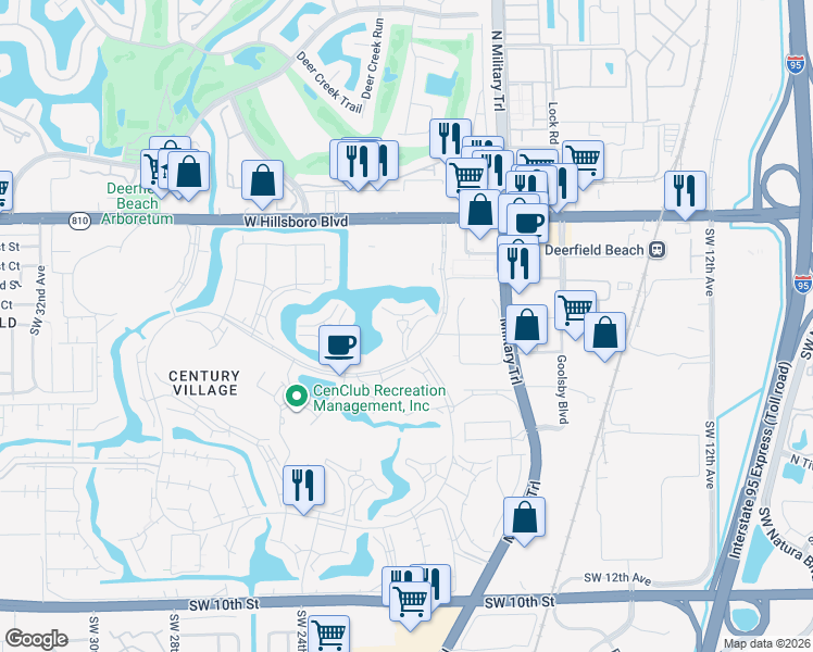 map of restaurants, bars, coffee shops, grocery stores, and more near 225 Amadeo Trinchitella Boulevard in Deerfield Beach