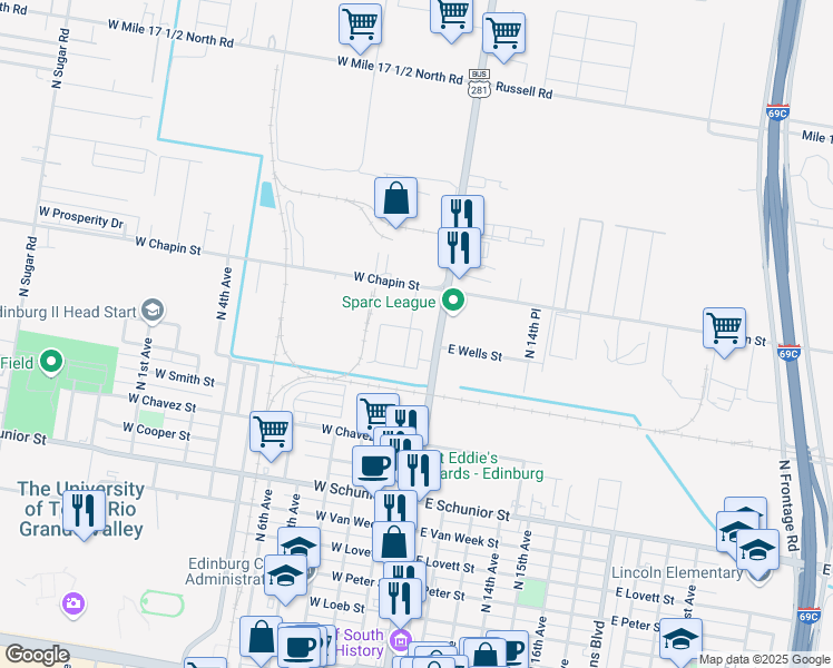 map of restaurants, bars, coffee shops, grocery stores, and more near 203 Fig Drive in Edinburg