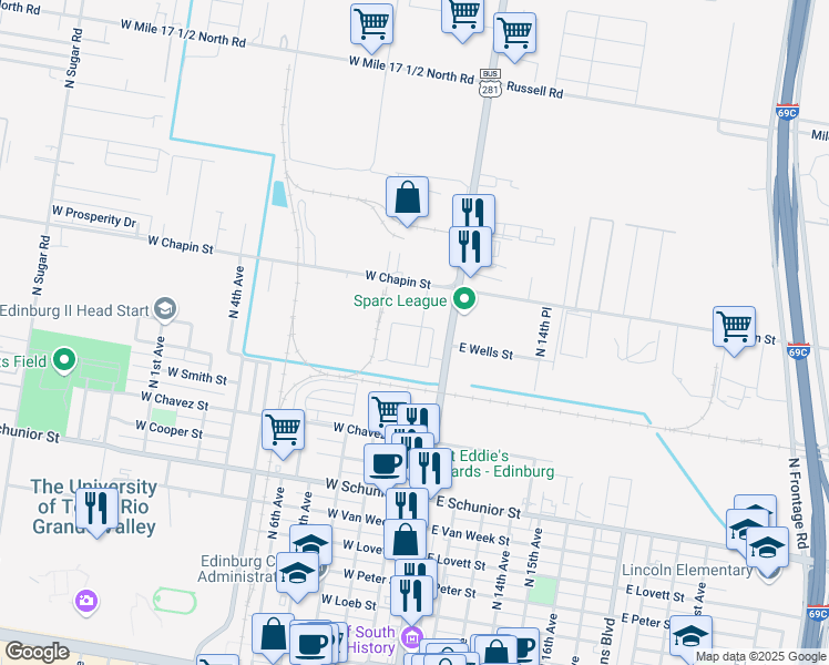 map of restaurants, bars, coffee shops, grocery stores, and more near 203 Fig Drive in Edinburg