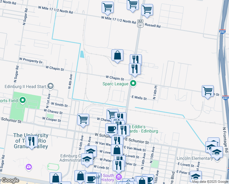 map of restaurants, bars, coffee shops, grocery stores, and more near 1227 White Oak Drive in Edinburg