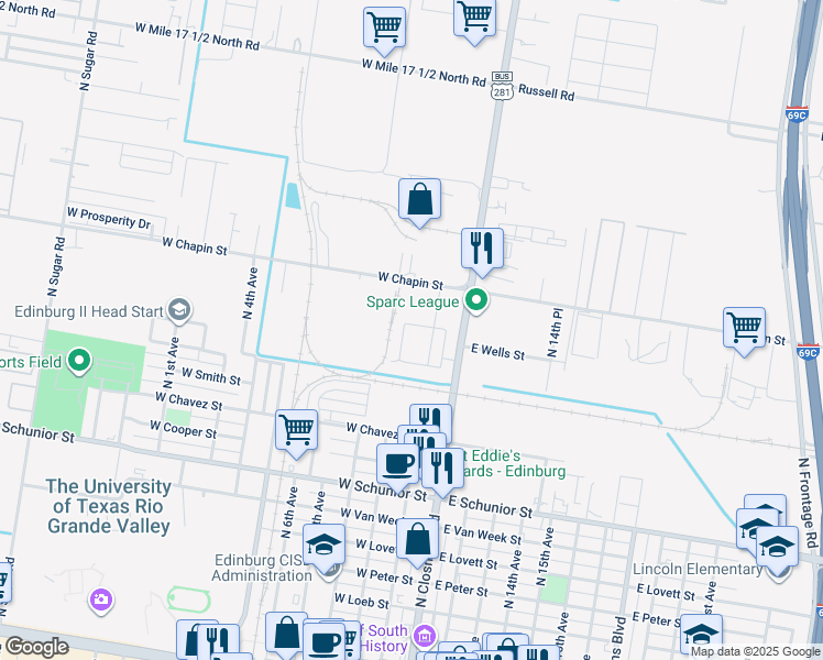 map of restaurants, bars, coffee shops, grocery stores, and more near 214 Fig Drive in Edinburg