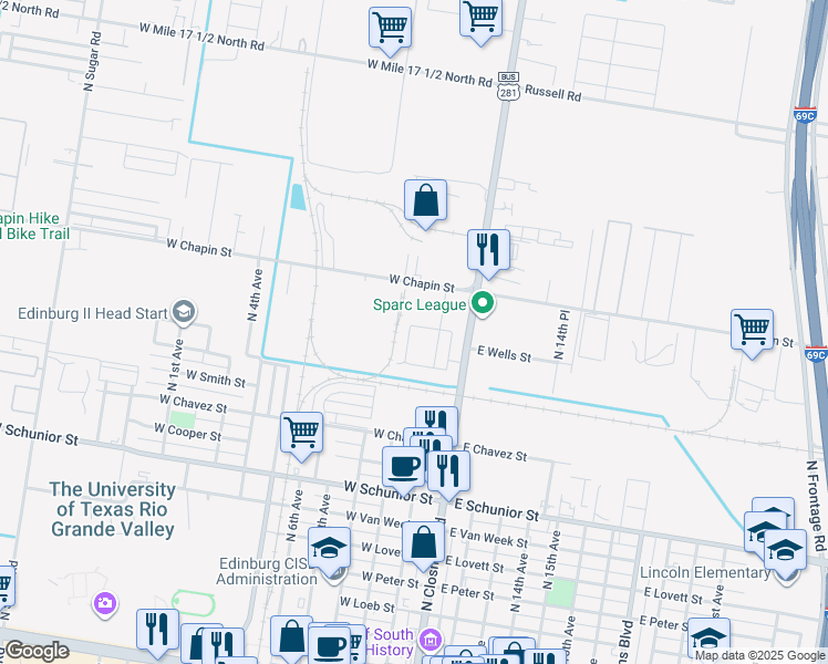 map of restaurants, bars, coffee shops, grocery stores, and more near 1227 White Oak Drive in Edinburg