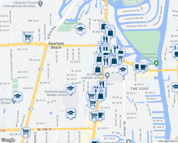 map of restaurants, bars, coffee shops, grocery stores, and more near 298 Southeast 8th Avenue in Deerfield Beach
