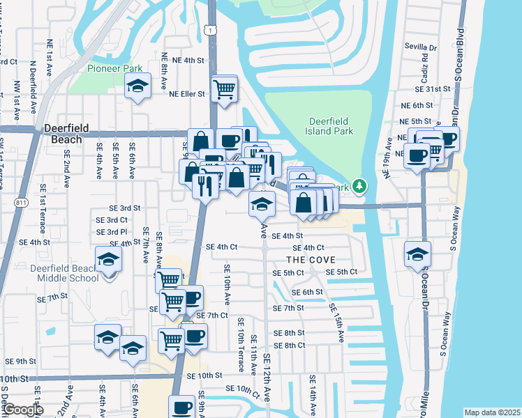 map of restaurants, bars, coffee shops, grocery stores, and more near 199 Southeast 12th Avenue in Deerfield Beach