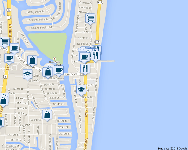 map of restaurants, bars, coffee shops, grocery stores, and more near 45 Northeast 21st Avenue in Deerfield Beach
