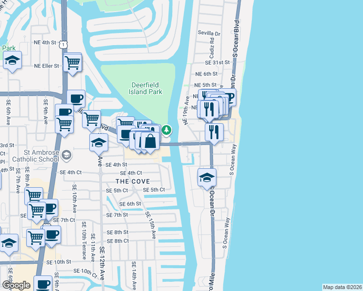 map of restaurants, bars, coffee shops, grocery stores, and more near 101 Northeast 19th Avenue in Deerfield Beach