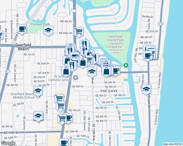 map of restaurants, bars, coffee shops, grocery stores, and more near 199 Southeast 12th Avenue in Deerfield Beach