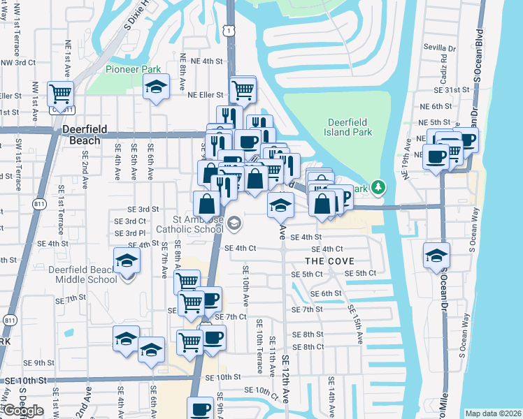 map of restaurants, bars, coffee shops, grocery stores, and more near 246 South Federal Highway in Deerfield Beach