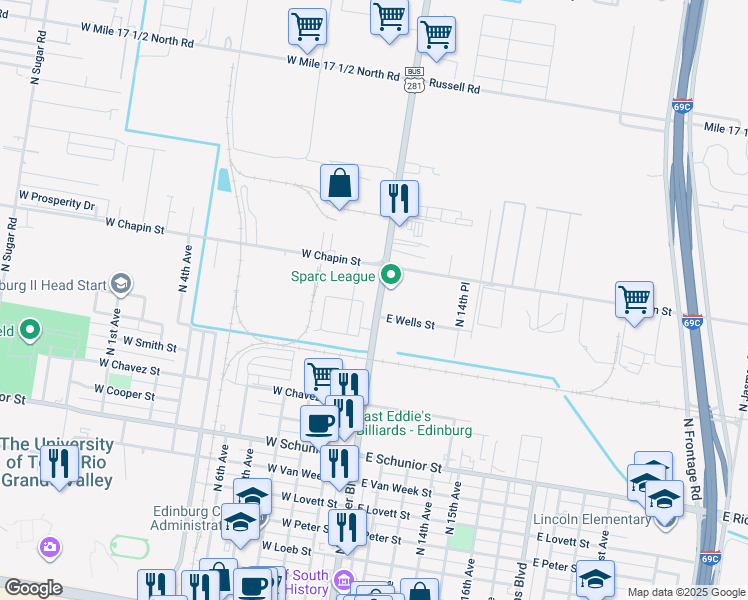 map of restaurants, bars, coffee shops, grocery stores, and more near 1320 North Closner Boulevard in Edinburg