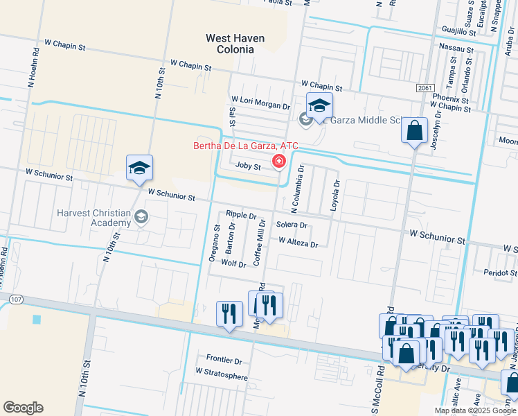 map of restaurants, bars, coffee shops, grocery stores, and more near 3705 West Schunior Street in Edinburg