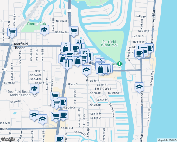 map of restaurants, bars, coffee shops, grocery stores, and more near 199 Southeast 12th Avenue in Deerfield Beach
