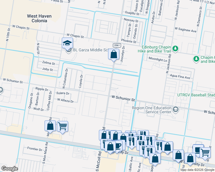 map of restaurants, bars, coffee shops, grocery stores, and more near 904 North Spruce Street in Edinburg