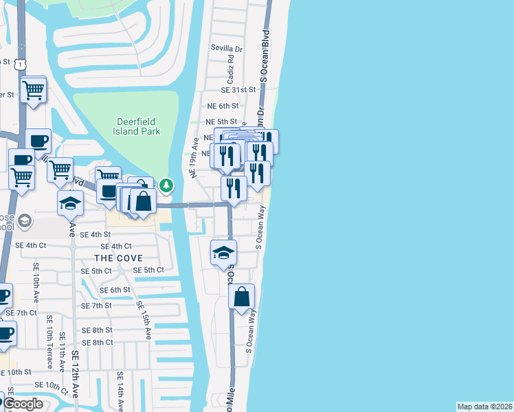 map of restaurants, bars, coffee shops, grocery stores, and more near 45 Northeast 21st Avenue in Deerfield Beach
