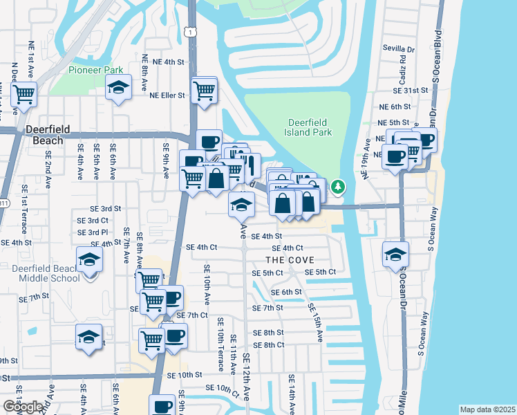 map of restaurants, bars, coffee shops, grocery stores, and more near 1351 Southeast 3rd Street in Deerfield Beach