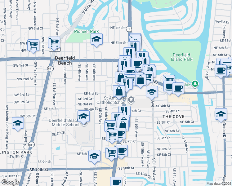 map of restaurants, bars, coffee shops, grocery stores, and more near 898 Southeast 2nd Place in Deerfield Beach