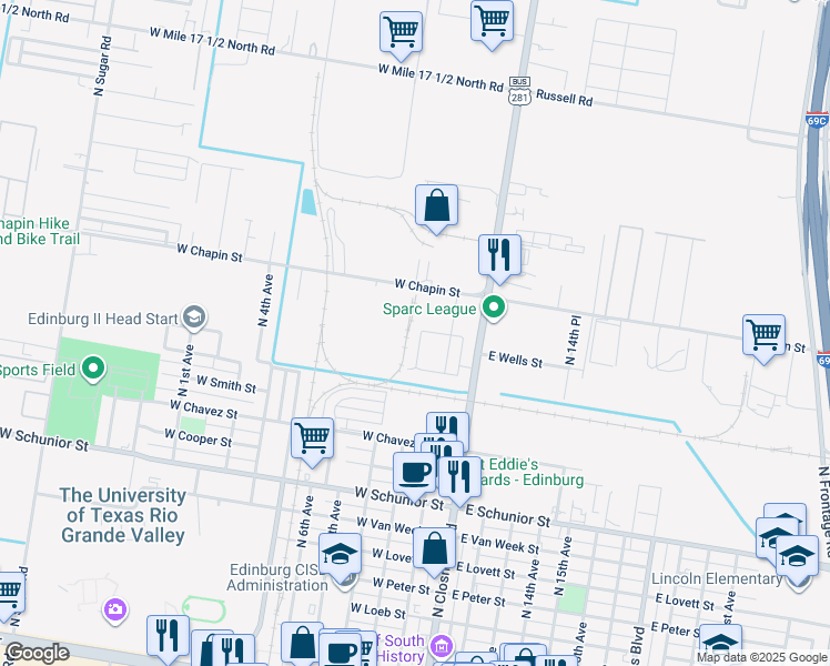 map of restaurants, bars, coffee shops, grocery stores, and more near 1227 White Oak Drive in Edinburg