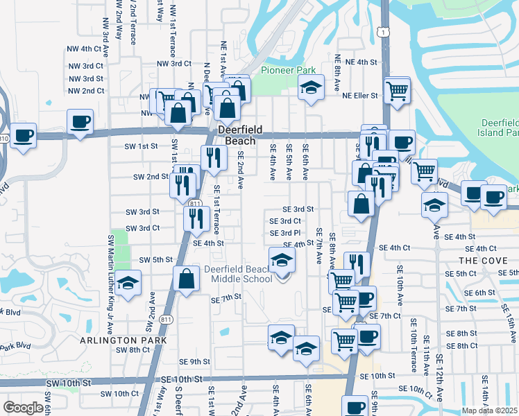 map of restaurants, bars, coffee shops, grocery stores, and more near 301 Southeast 3rd Street in Deerfield Beach
