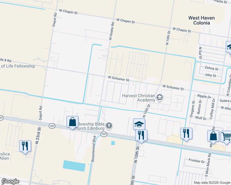 map of restaurants, bars, coffee shops, grocery stores, and more near 604 Dalobo Boulevard in Edinburg