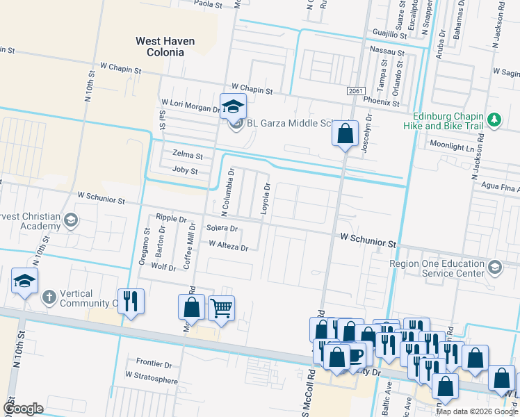 map of restaurants, bars, coffee shops, grocery stores, and more near 905 Loyola Drive in Edinburg