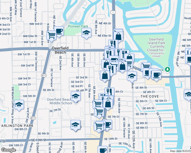 map of restaurants, bars, coffee shops, grocery stores, and more near 298 Southeast 8th Avenue in Deerfield Beach