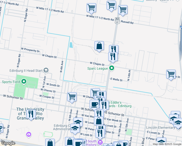 map of restaurants, bars, coffee shops, grocery stores, and more near 1227 White Oak Drive in Edinburg
