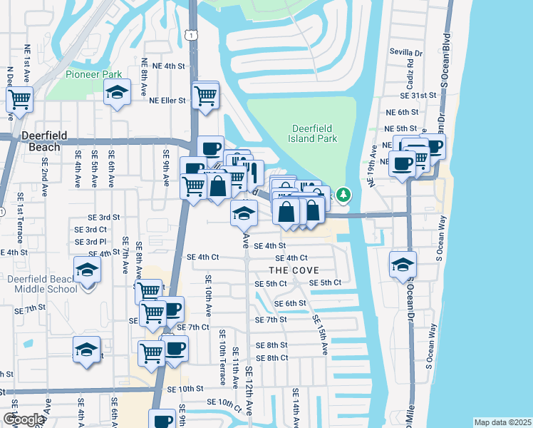 map of restaurants, bars, coffee shops, grocery stores, and more near 1351 Southeast 3rd Street in Deerfield Beach