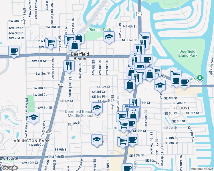 map of restaurants, bars, coffee shops, grocery stores, and more near 611 Southeast 3rd Street in Deerfield Beach