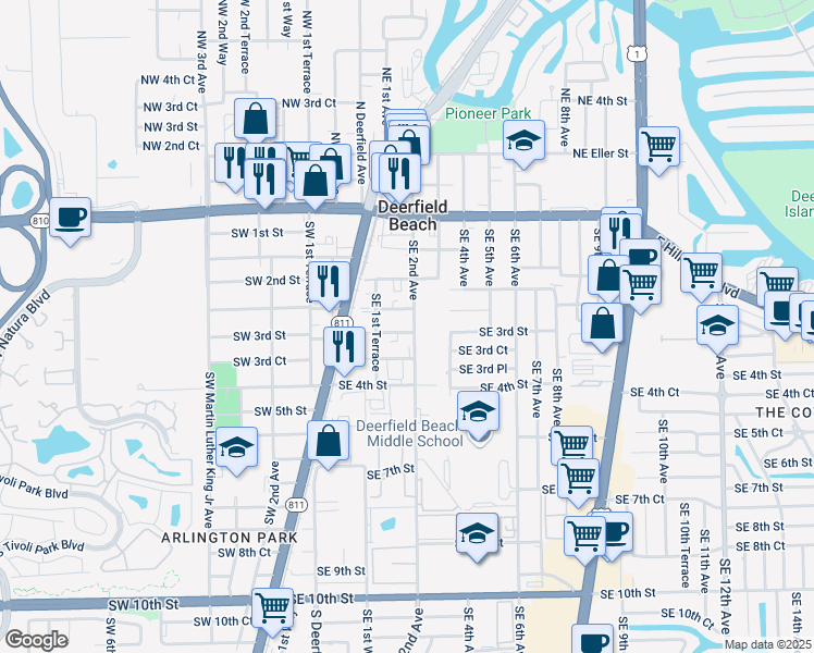 map of restaurants, bars, coffee shops, grocery stores, and more near 179 Southeast 3rd Street in Deerfield Beach