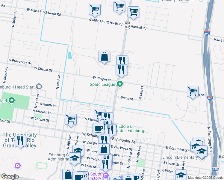 map of restaurants, bars, coffee shops, grocery stores, and more near 203 Fig Drive in Edinburg