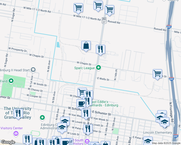 map of restaurants, bars, coffee shops, grocery stores, and more near 203 Fig Drive in Edinburg