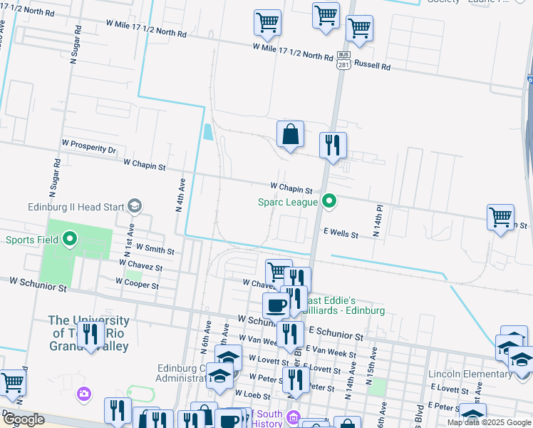 map of restaurants, bars, coffee shops, grocery stores, and more near 1227 White Oak Drive in Edinburg