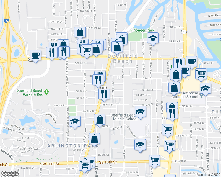 map of restaurants, bars, coffee shops, grocery stores, and more near 141 Southeast 3rd Street in Deerfield Beach