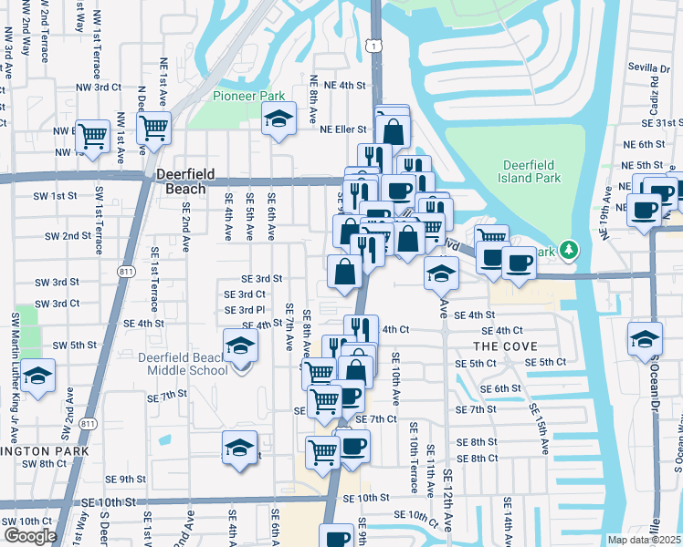 map of restaurants, bars, coffee shops, grocery stores, and more near 898 Southeast 2nd Place in Deerfield Beach