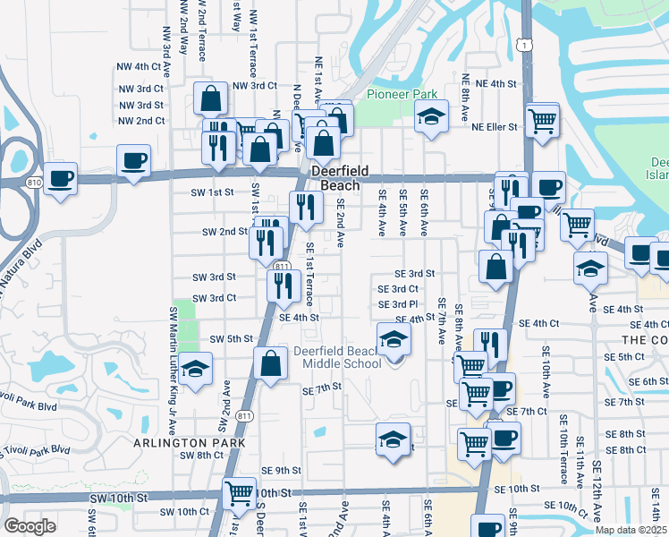 map of restaurants, bars, coffee shops, grocery stores, and more near 179 Southeast 3rd Street in Deerfield Beach
