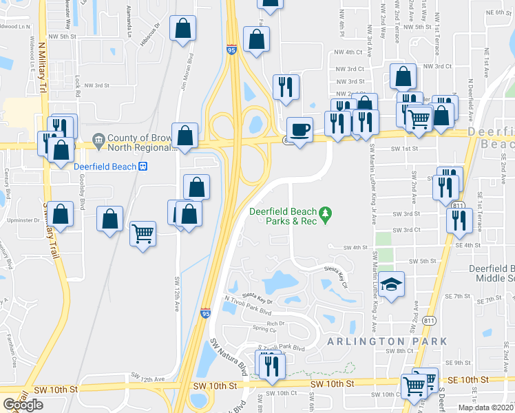 map of restaurants, bars, coffee shops, grocery stores, and more near 2824 Southwest Natura Boulevard in Deerfield Beach