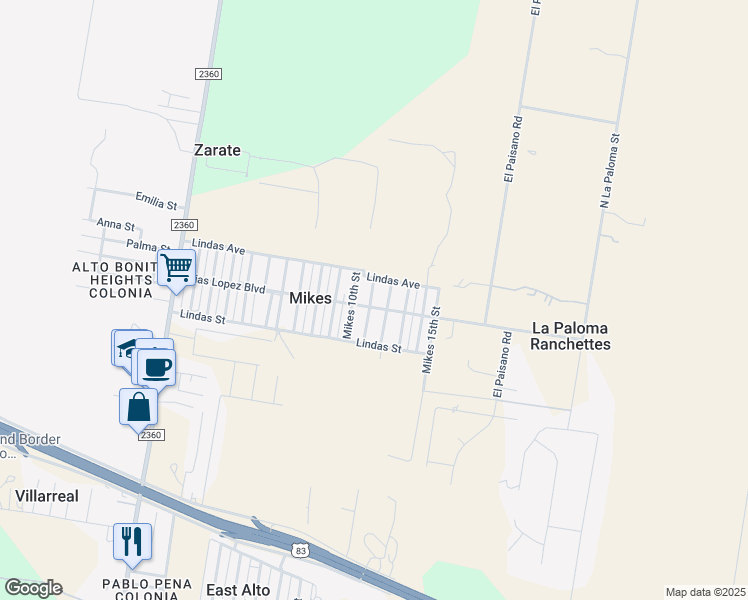 map of restaurants, bars, coffee shops, grocery stores, and more near 565 Elias Lopez Boulevard in Rio Grande City