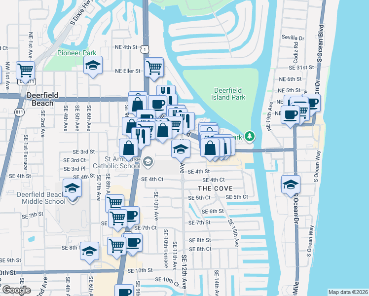 map of restaurants, bars, coffee shops, grocery stores, and more near 199 Southeast 12th Avenue in Deerfield Beach