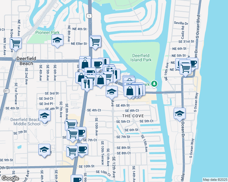 map of restaurants, bars, coffee shops, grocery stores, and more near 199 Southeast 12th Avenue in Deerfield Beach