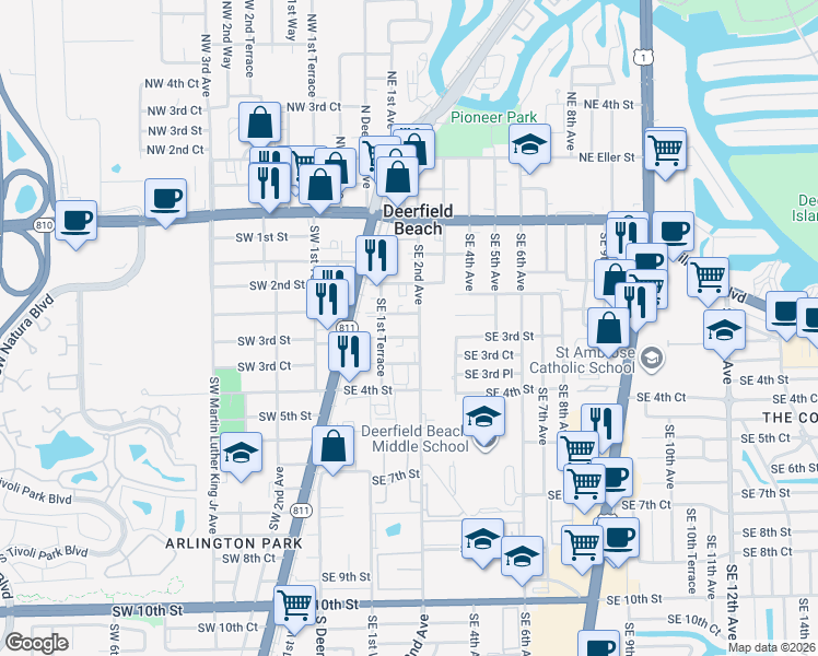 map of restaurants, bars, coffee shops, grocery stores, and more near 179 Southeast 3rd Street in Deerfield Beach