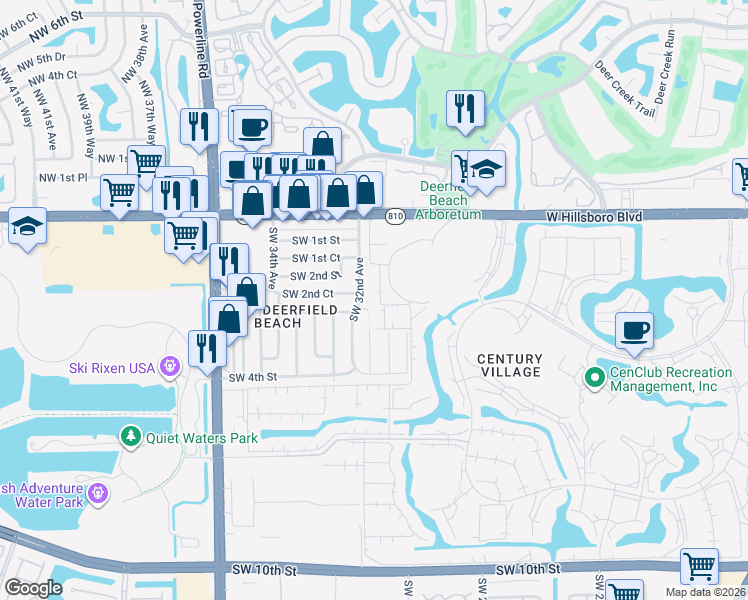 map of restaurants, bars, coffee shops, grocery stores, and more near 250 Southwest 32nd Avenue in Deerfield Beach