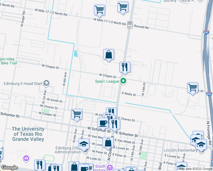 map of restaurants, bars, coffee shops, grocery stores, and more near 215 Fig Drive in Edinburg
